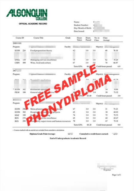 Canada Algonquin College Actual Match Transcript Free Sample From Phonydiploma
