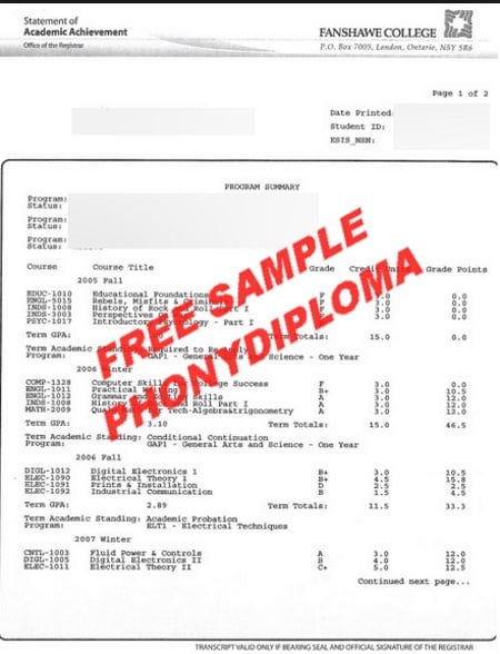 Canada Fanshawe College Actual Match Transcript Free Sample From Phonydiploma