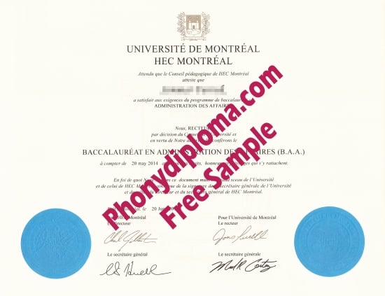 Canada Hec University Of Montreal Blue Emblems Free Sample From Phonydiploma