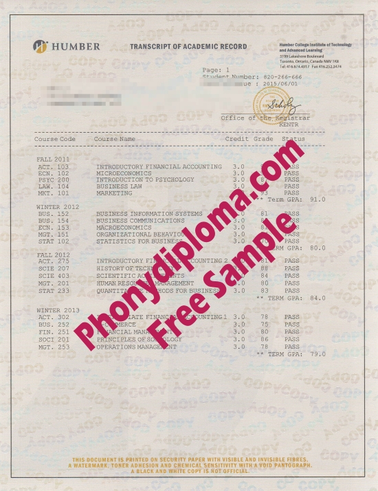 Canada Humber Actual Match Transcripts Free Sample From Phonydiploma