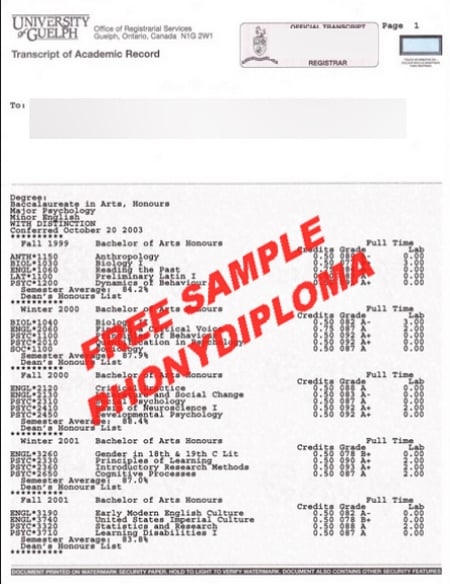 Canada University Of Guelph Actual Match Transcript Free Sample From Phonydiploma