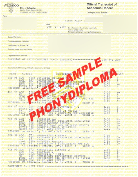 Canada University Of Waterloo Actual Match Transcript Free Sample From Phonydiploma
