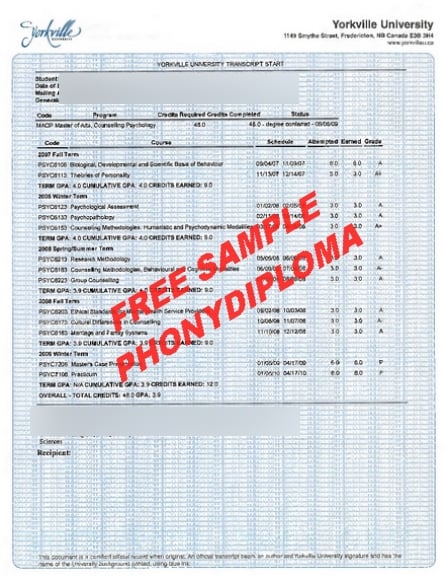 Canada Yorkville University Actual Match Transcripts Free Sample From Phonydiploma