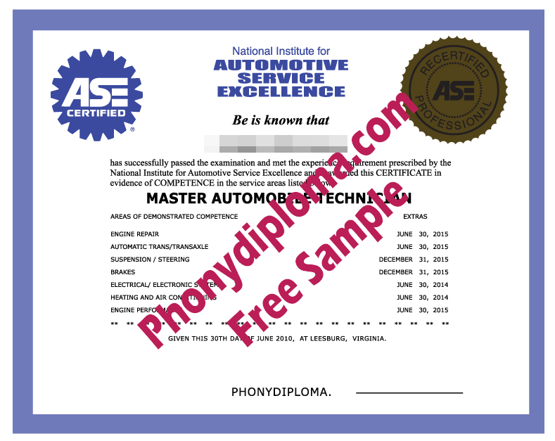 Ase Automotive Certificate Free Sample From Phonydiploma
