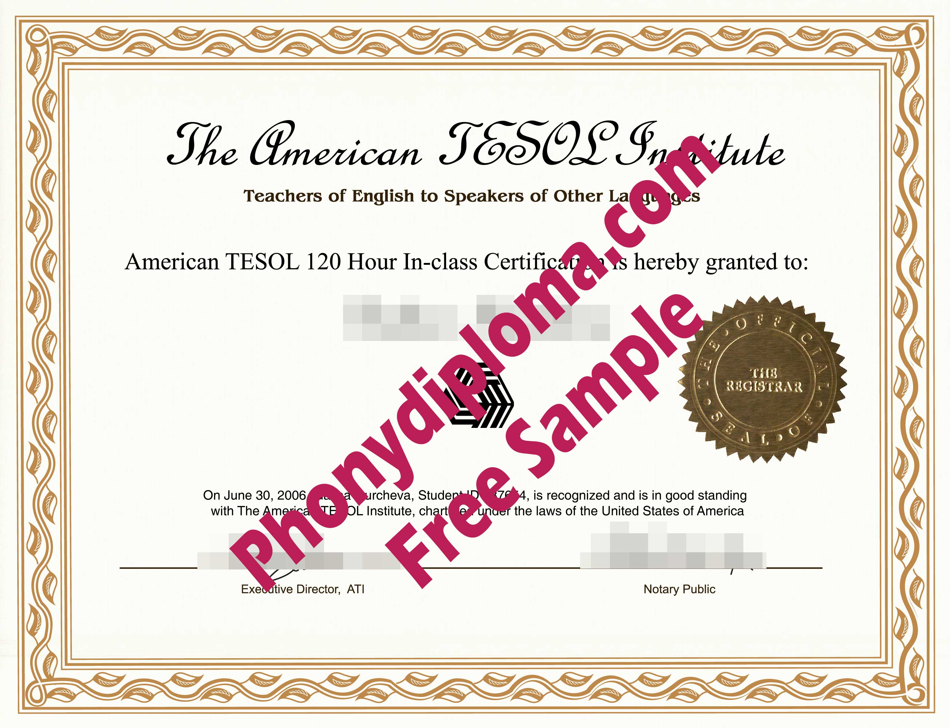 American Tesol Fake Diploma Sample From Phonydiploma
