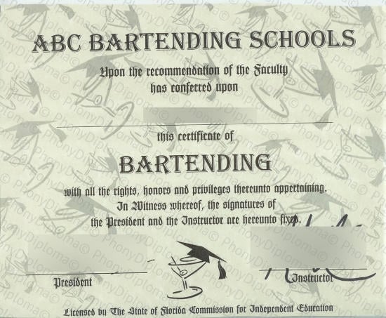 Bartender Certificate Free Sample From Phonydiploma