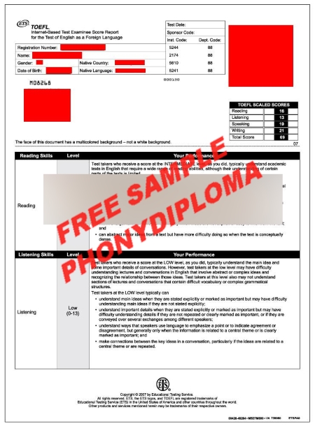 Certificate Toefl Ibt Actual Match Transcript Free Sample From Phonydiploma