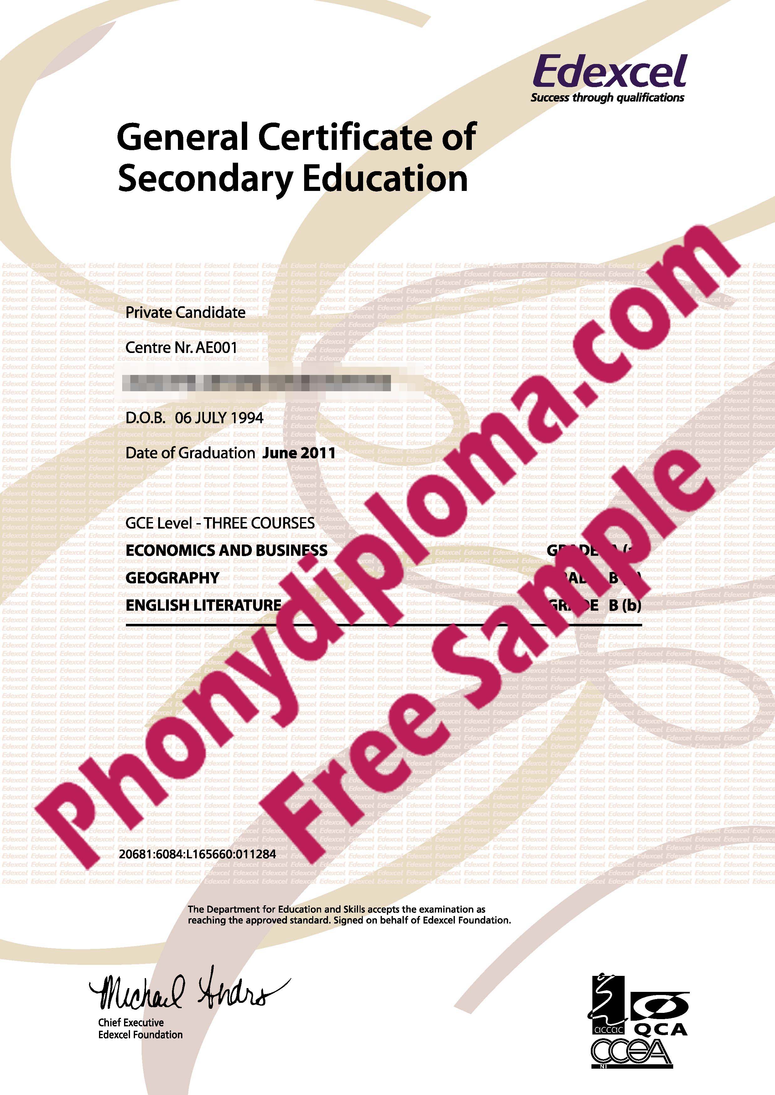 Edexcel Certificate Free Sample From Phonydiploma