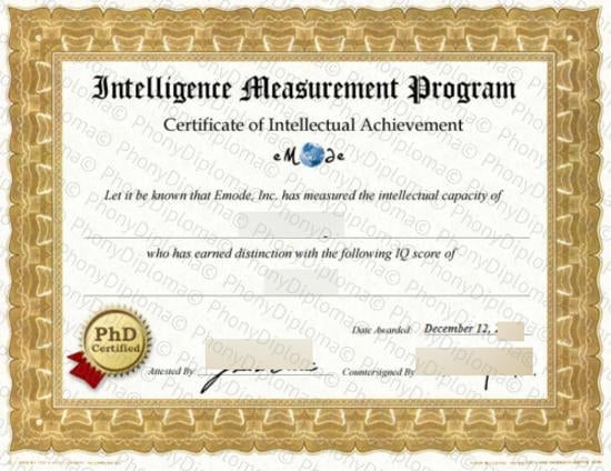 Intelligence Measurement Fake Certificate From Phonydiploma