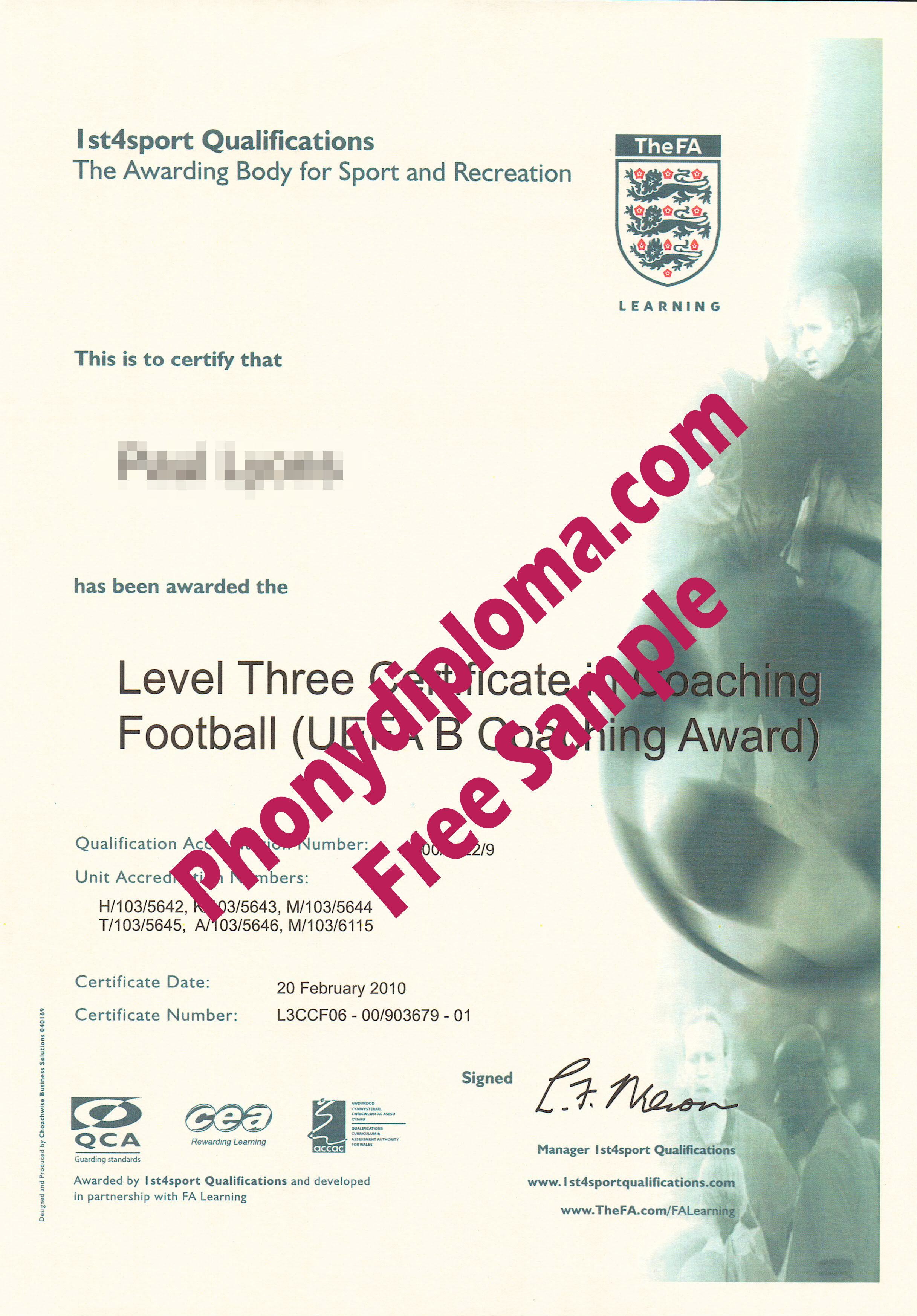Level Three 3 Certificate In Coaching Football Free Sample From Phonydiploma