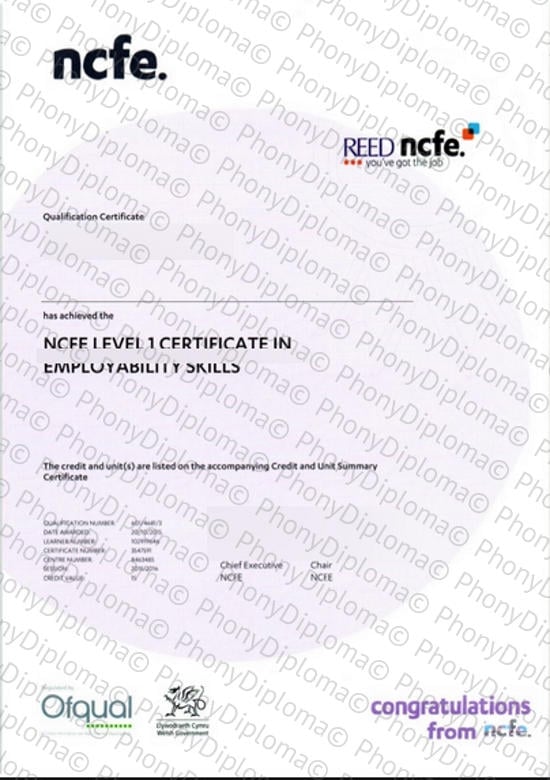 Uk Ncfe Qualifications Certificate Free Sample From Phonydiploma