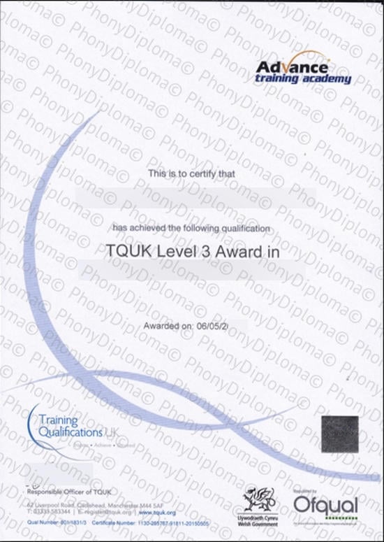 Uk Tquk Level 3 Award Fake Certificate From Phonydiploma