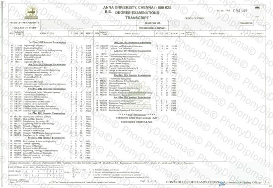 India Anna University Actual Match Transcript Free Sample From Phonydiploma