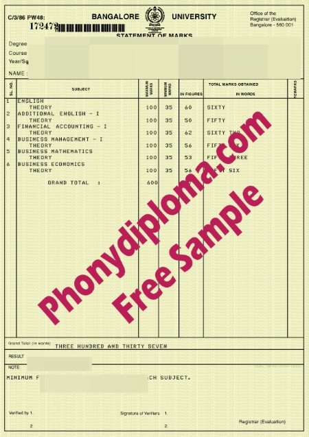 India Bangalore University Actual Match Transcript Free Sample From Phonydiploma
