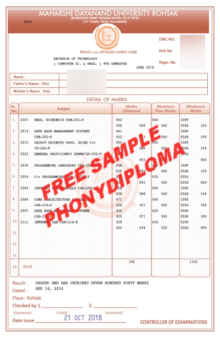 India Maharshi Dayandand University Actual Match Transcript Free Sample From Phonydiploma