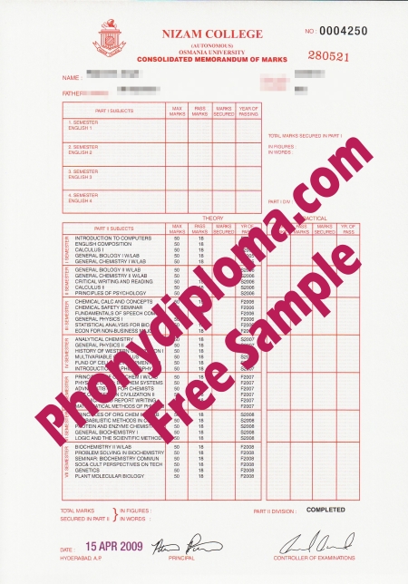 India Osmania University Actual Match Transcript Free Sample From Phonydiploma