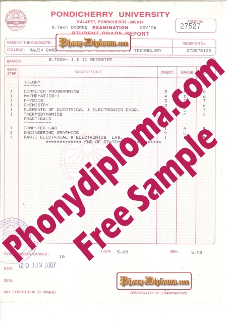 India Pondicherry University Actual Match Transcript Free Sample From Phonydiploma