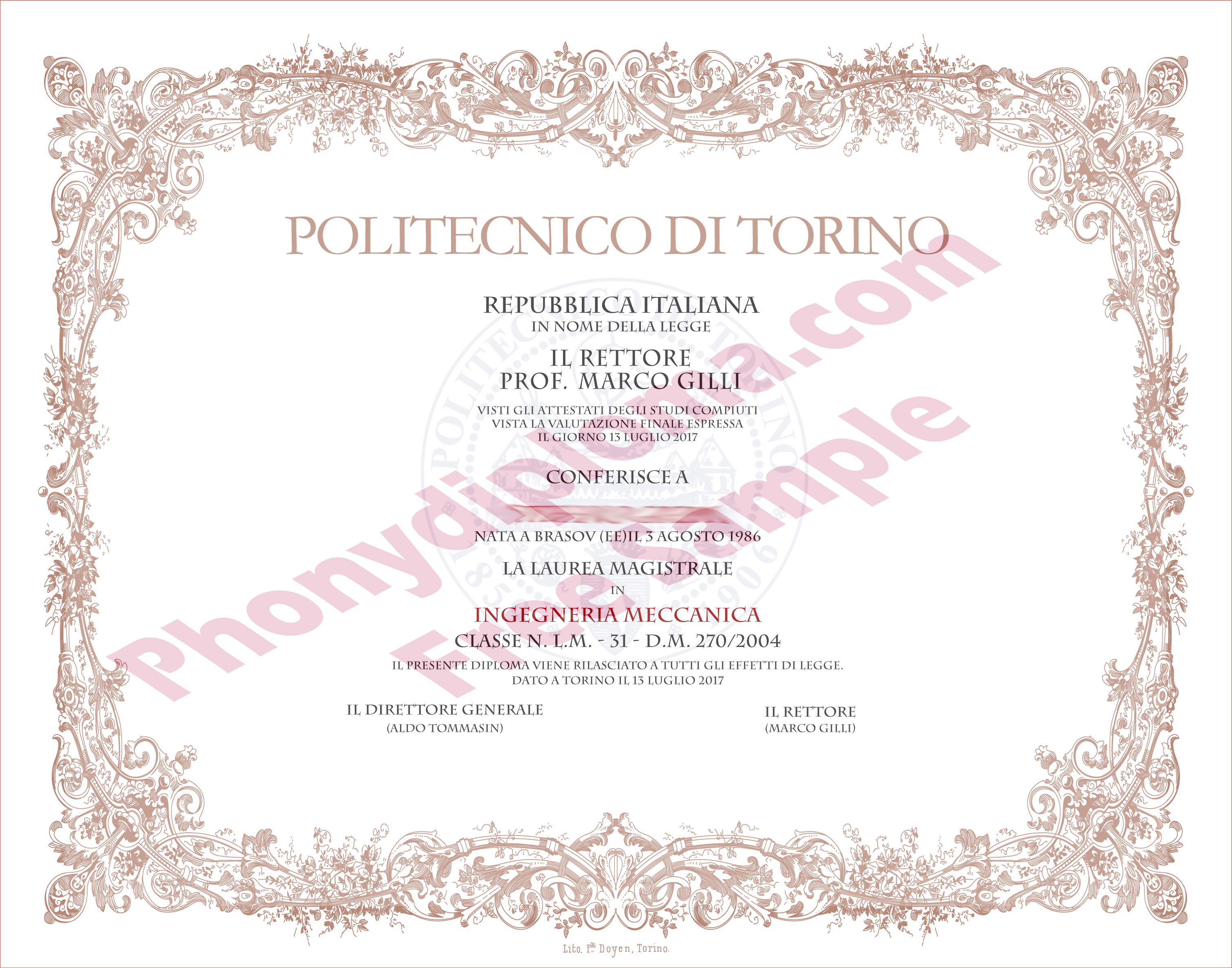 Politencnico De Torino Diploma Free Sample From Phonydiploma