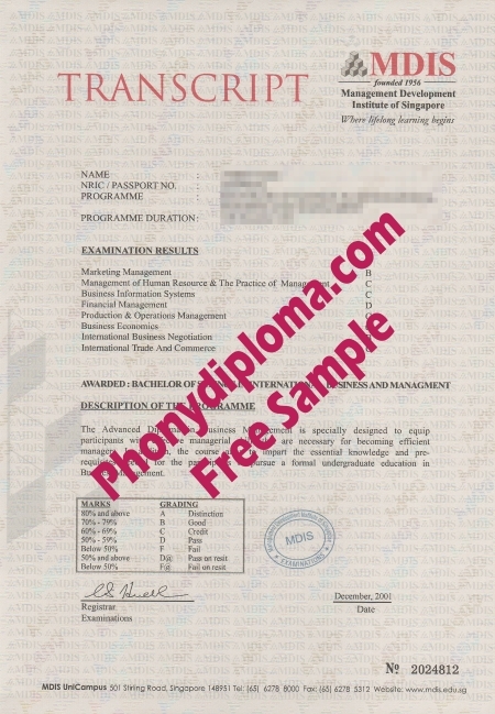 Malaysia Mdis Management Development Institute Of Singapore Actual Match Transcript Free Sample From Phonydiploma