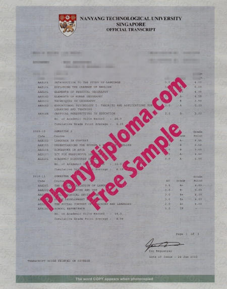 Malaysia Nanyang Technological University Actual Match Transcript Fake Diploma Sample