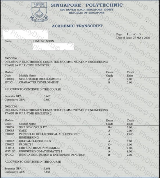 Malaysia Singapore Polytechnic Actual Match Transcript Free Sample From Phonydiploma