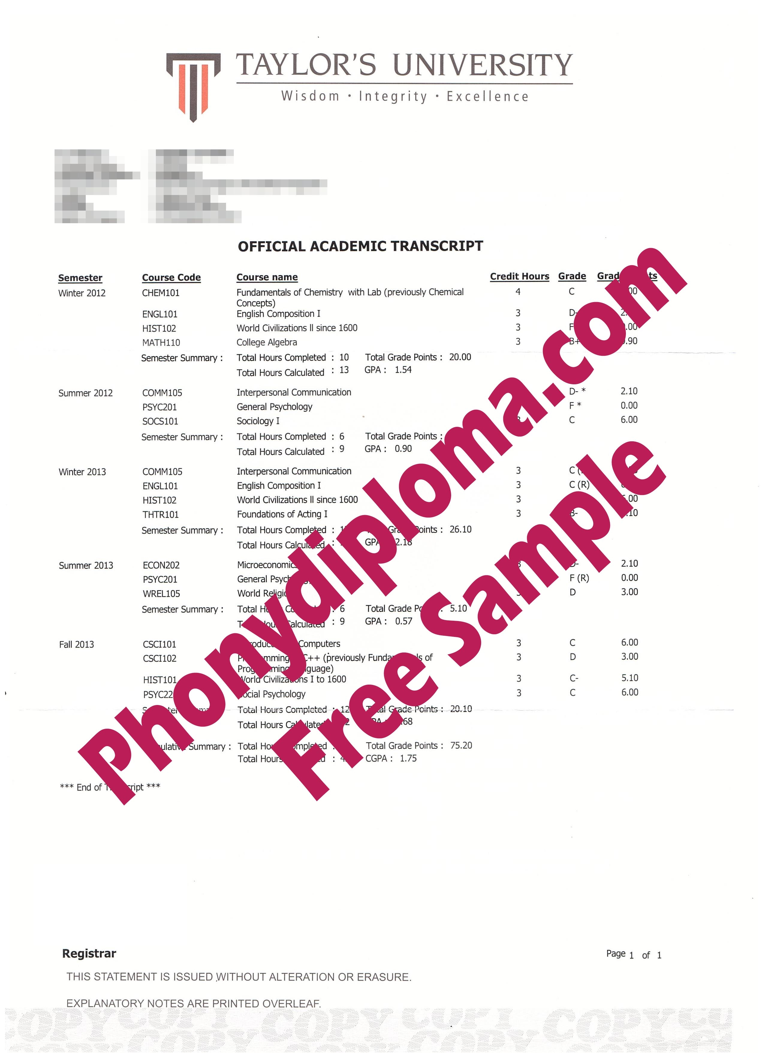 Malaysia Taylor's University Actual Match Transcript Free Sample From Phonydiploma