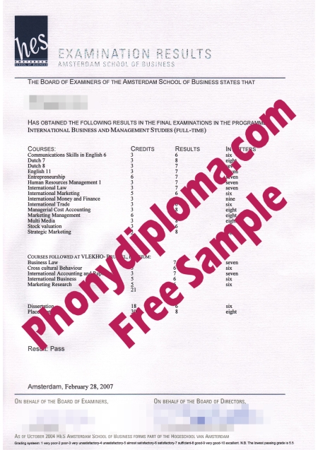 Netherlands Amsterdam School Of Business Actual Match Transcript Free Sample From Phonydiploma
