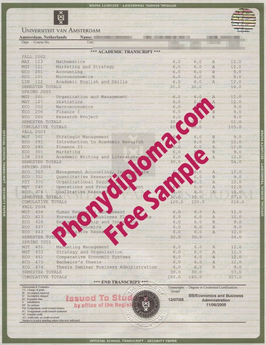 Netherlands University Of Amsterdam House Transcripts Free Sample From Phonydiploma