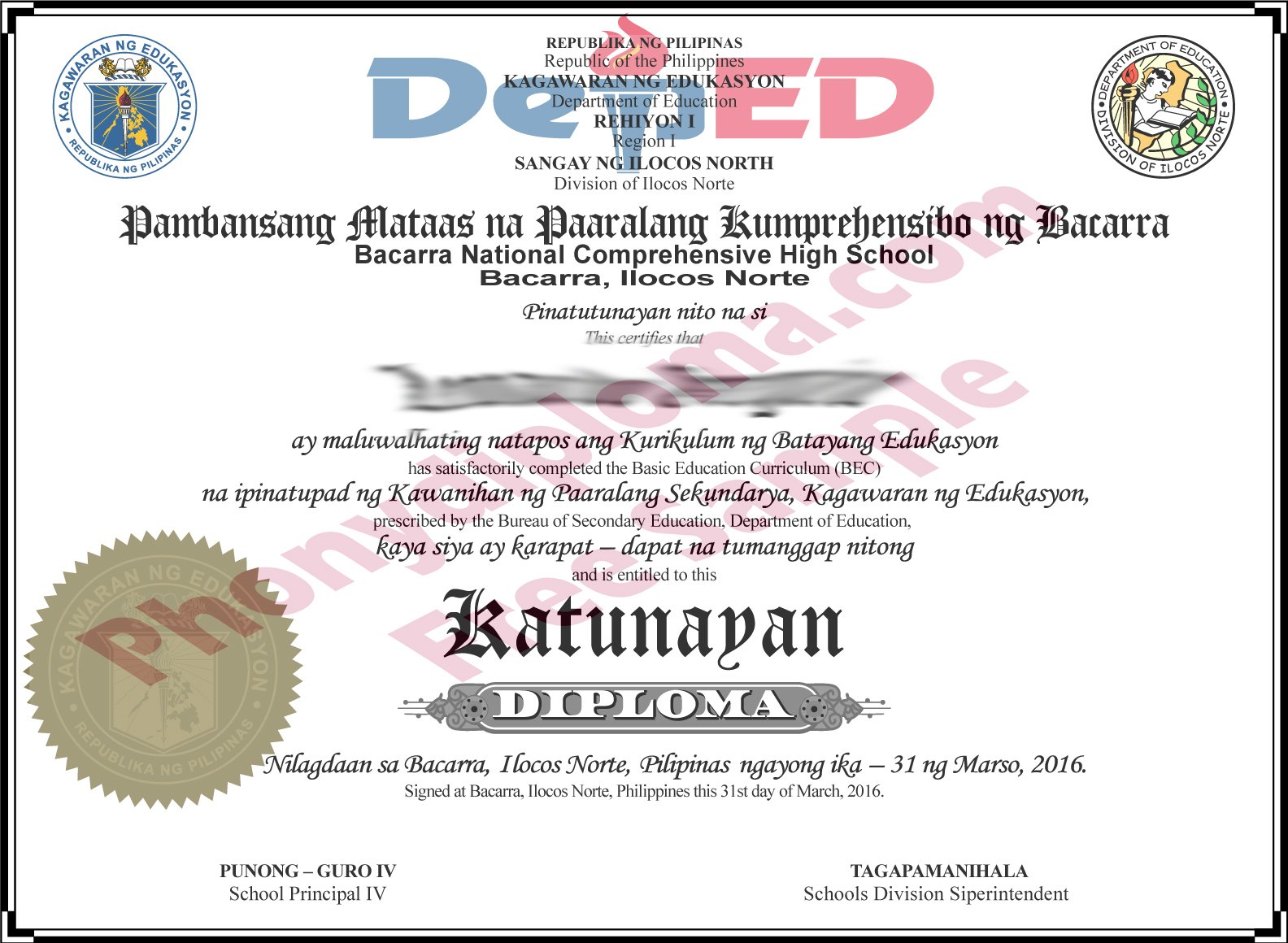 Baccara National Philippines Fake Diploma Sample Phonydiploma
