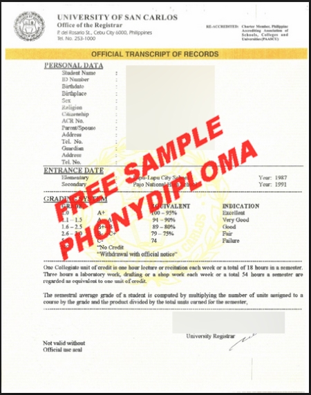Philippines University Of San Carlos Actual Match Transcript Free Sample From Phonydiploma