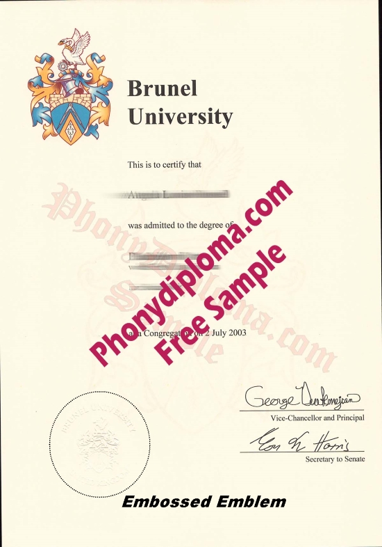 Uk Brunel University With Embossed Emblem Free Sample From Phonydiploma