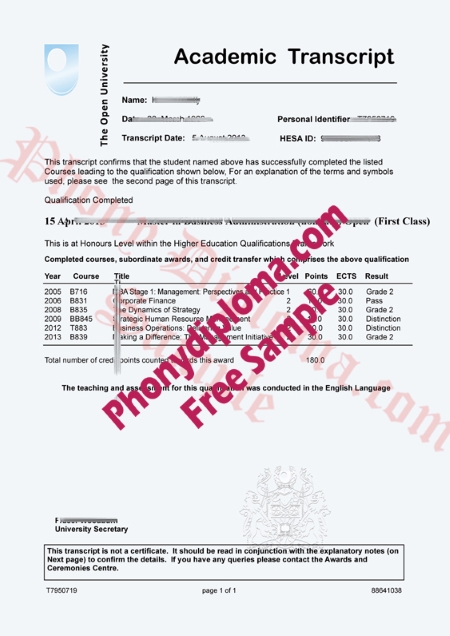 Uk The Open University Actual Match Transcripts Free Sample From Phonydiploma