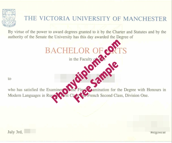 Uk The Victoria University Of Manchester Free Sample From Phonydiploma