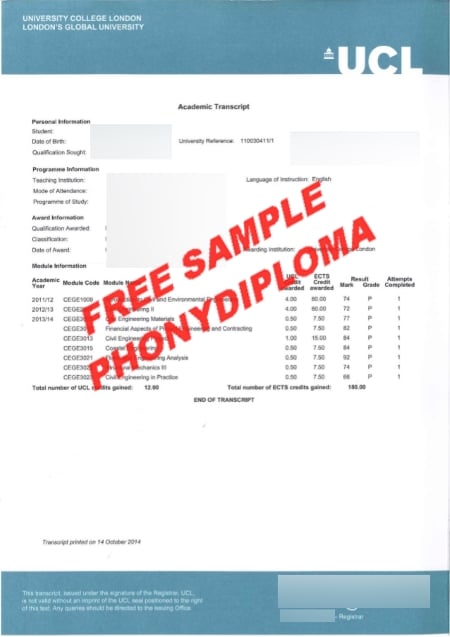 Uk Ucl University College London Transcript Free Sample From Phonydiploma