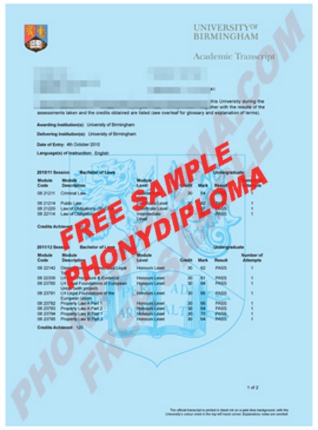 Uk University Of Birmingham Actual Match Transcripts Free Sample From Phonydiploma
