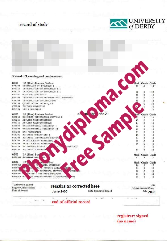 Uk University Of Derby Actual Match Transcripts Free Sample From Phonydiploma