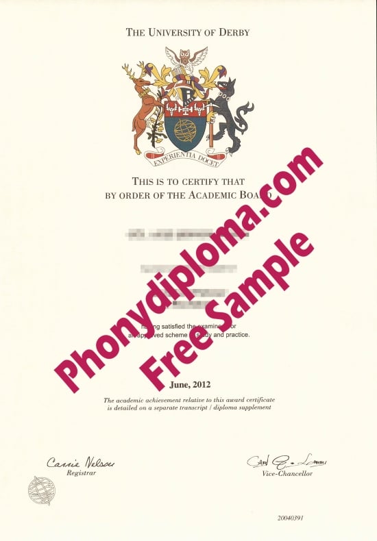 Uk University Of Derby Free Sample From Phonydiploma