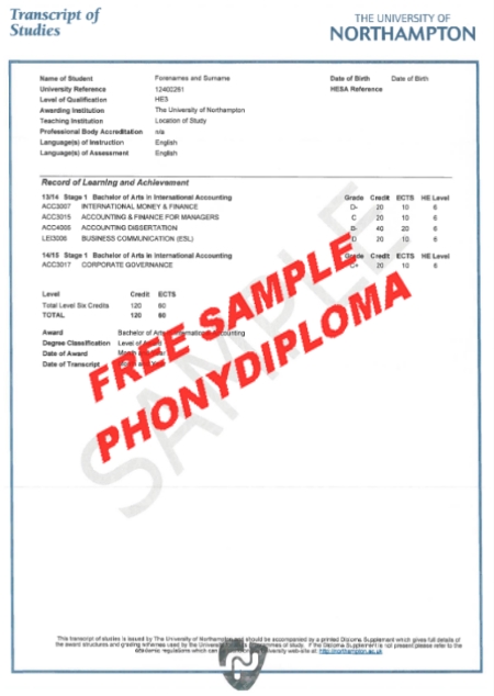 Uk University Of Northampton Actual Match Transcript Free Sample From Phonydiploma