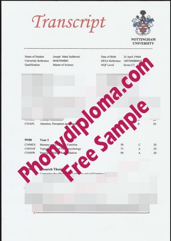 Uk University Of Nottingham Actual Match Transcript Free Sample From Phonydiploma