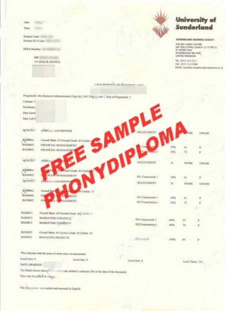 Uk University Of Sunderland Actual Match Transcript Free Sample From Phonydiploma
