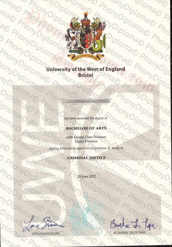 Uk University Of The West Of England Bristol Free Sample From Phonydiploma