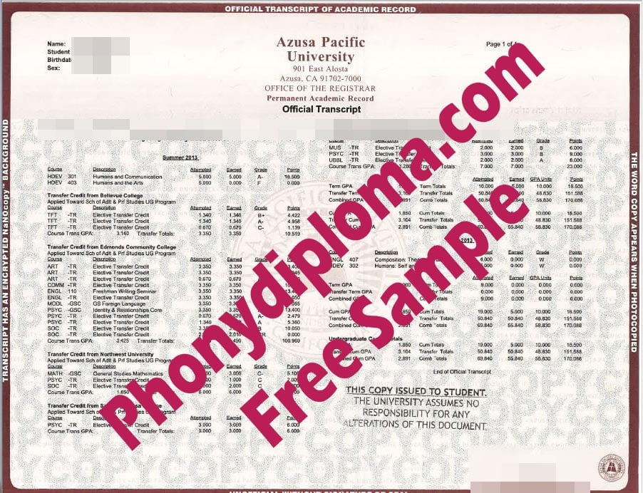 Azusa Pacific University Actual Match Transcript Free Sample From Phonydiploma
