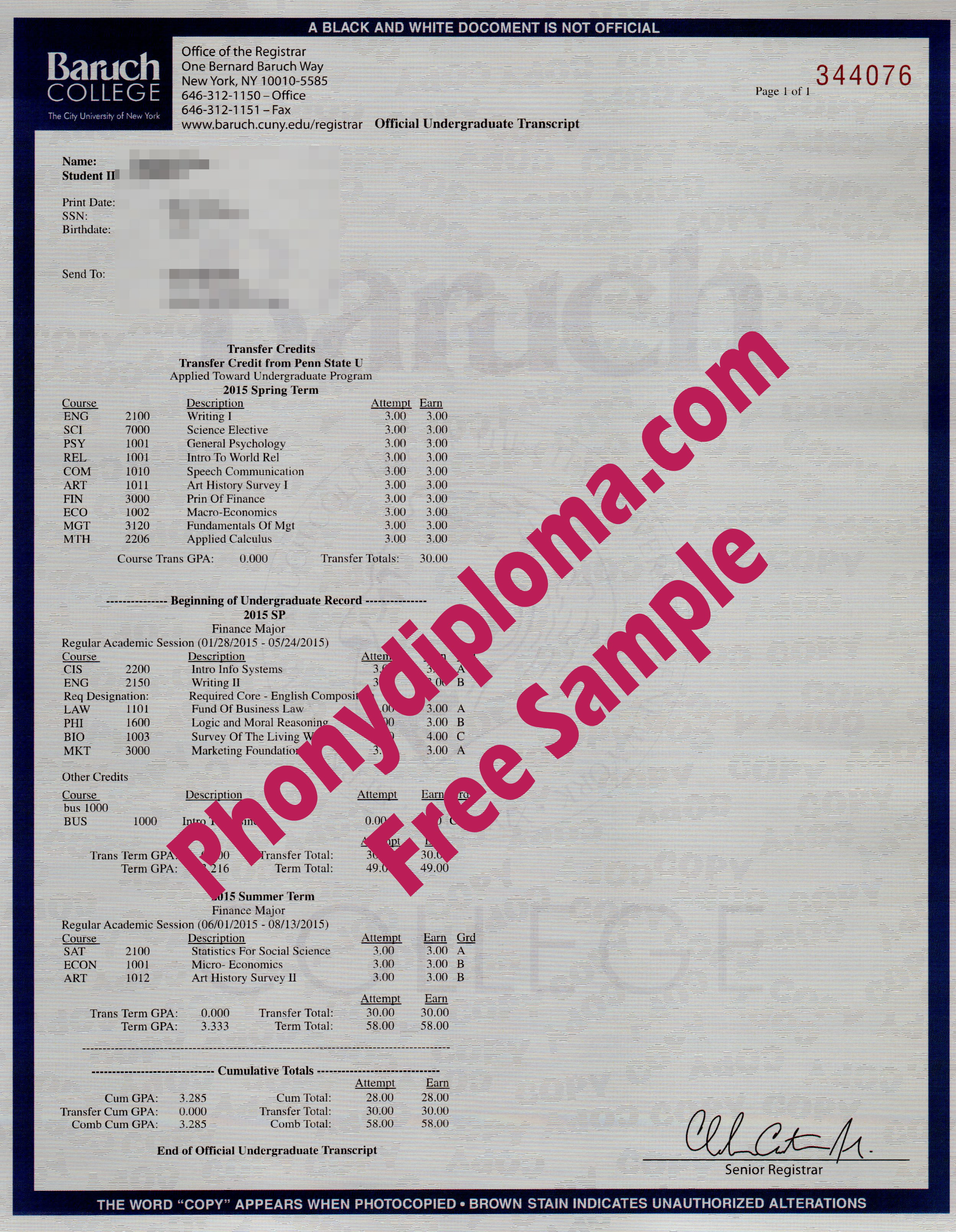 Baruch College Actual Match Transcript Free Sample From Phonydiploma
