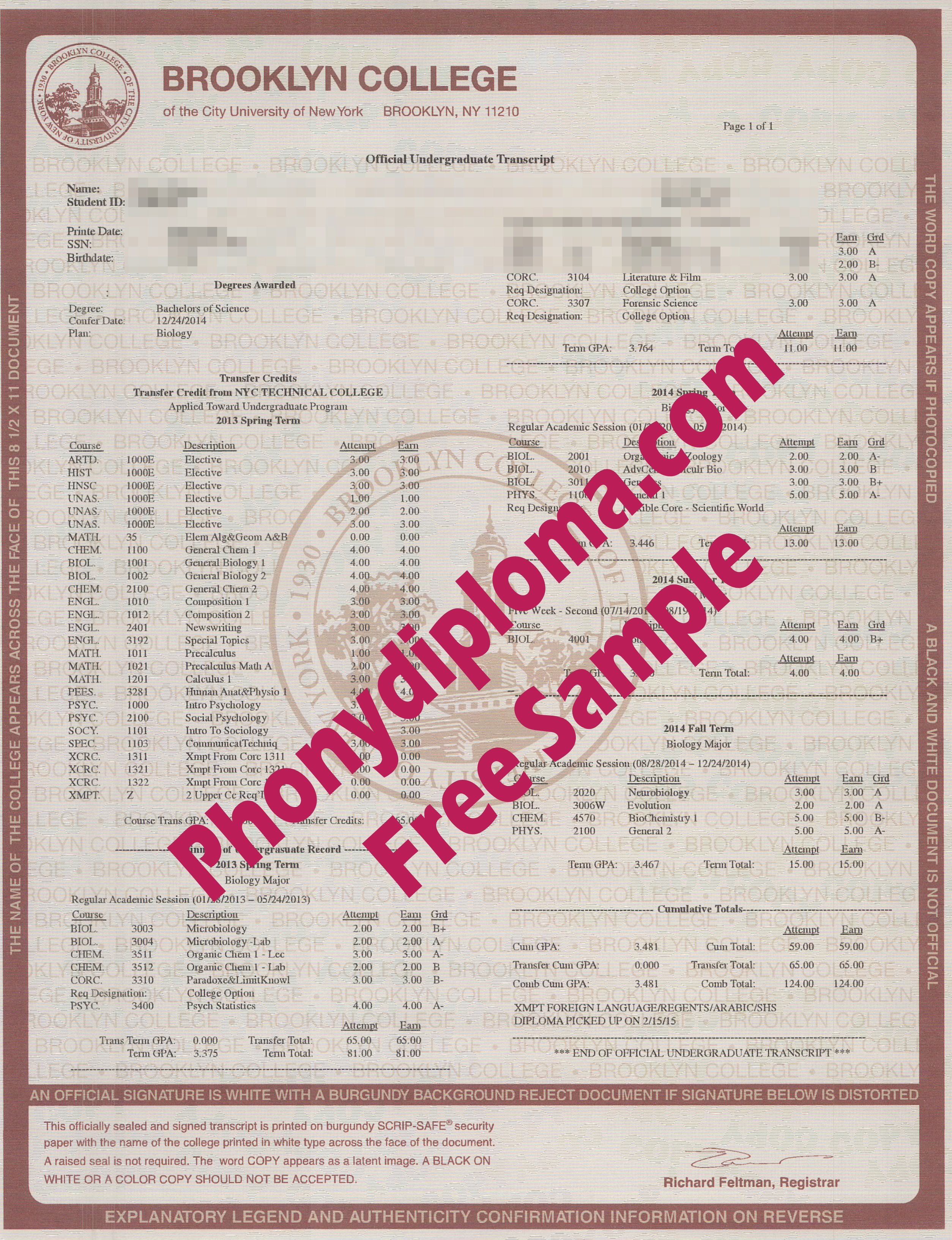 Brooklyn College Actual Match Transcript Free Sample From Phonydiploma
