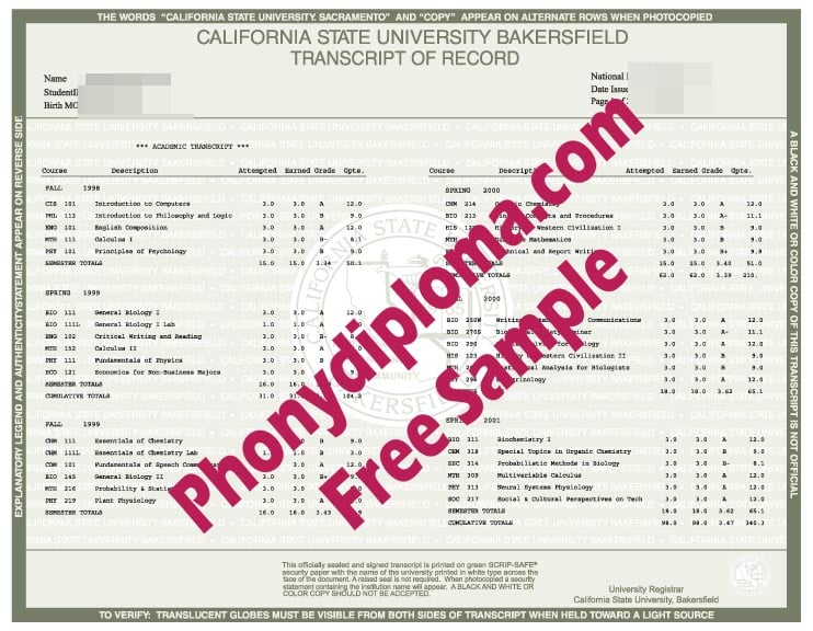 California State University Bakersfield Actual Match Transcripts Free Sample From Phonydiploma