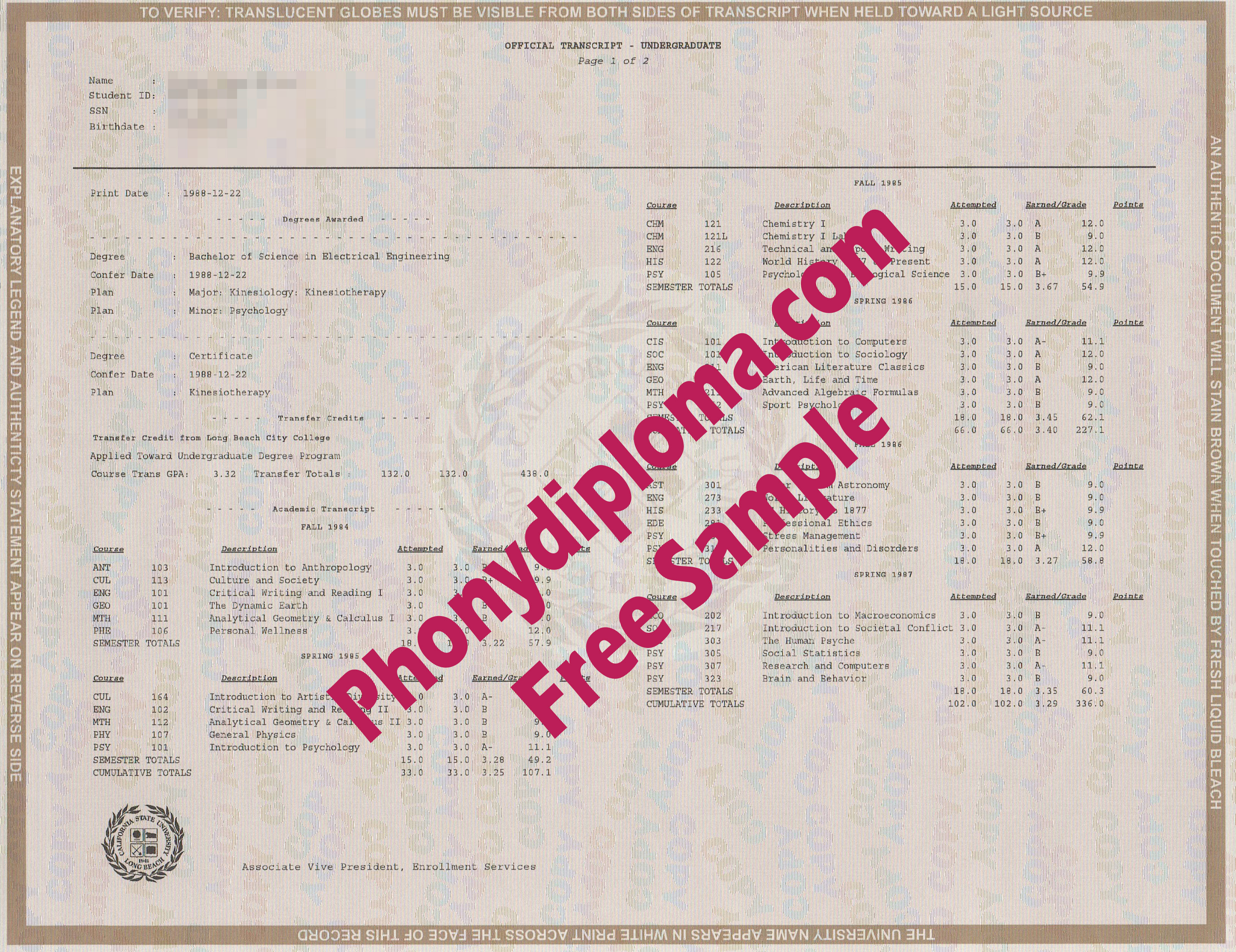California State University Long Beach Actual Match Transcripts Free Sample From Phonydiploma