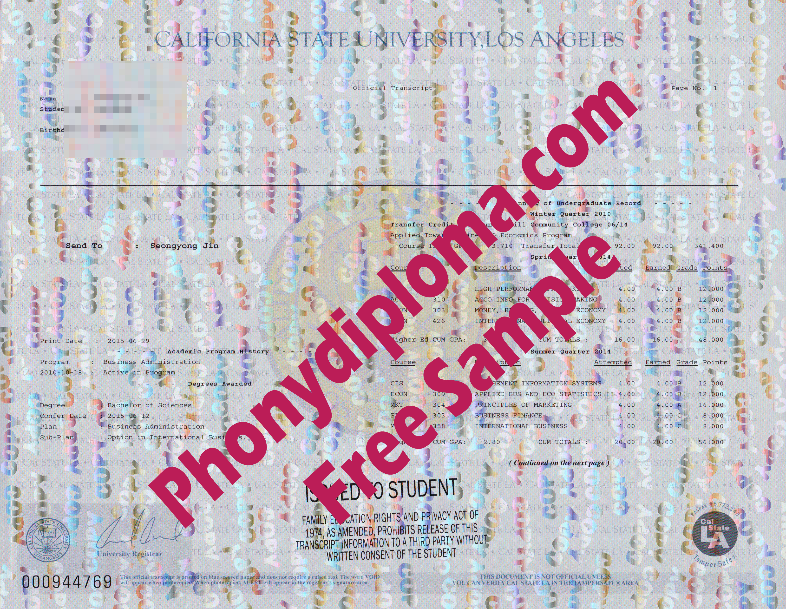 California State University Los Angeles Actual Match Transcript Free Sample From Phonydiploma