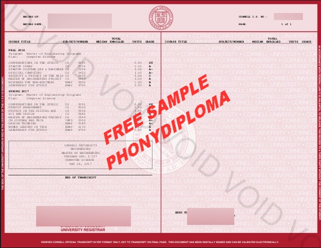 Cornell University Actual Match Transcripts Free Sample From Phonydiploma