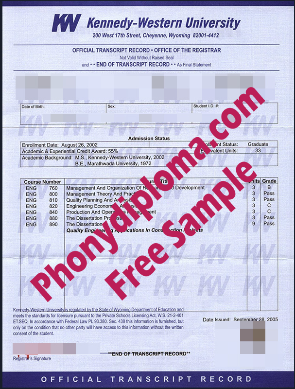 Kennedy Western Actual Match University Transcript Free Sample Fropm Phonydiploma