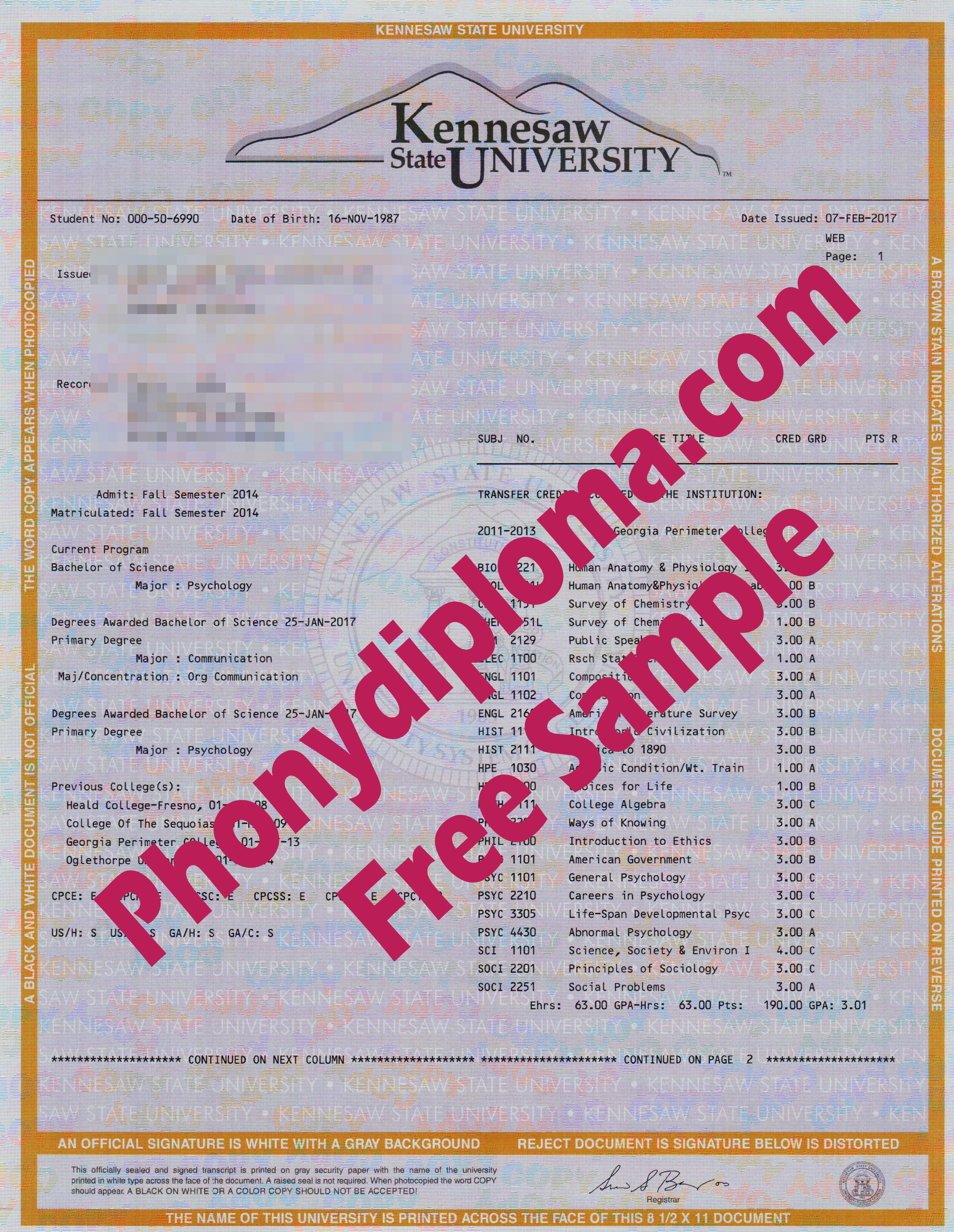 Kennesaw State University Actual Match Transcript Free Sample From Phonydiploma